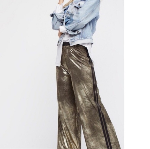 Free People Vegan Leather Gold Track Pants - Picture 3 of 7